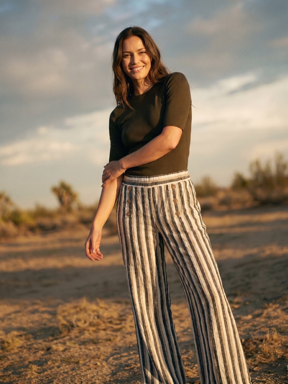 Wide-Leg Striped Pull Up Linen Blend Pants, S,  in  Black, Tan, and Cream